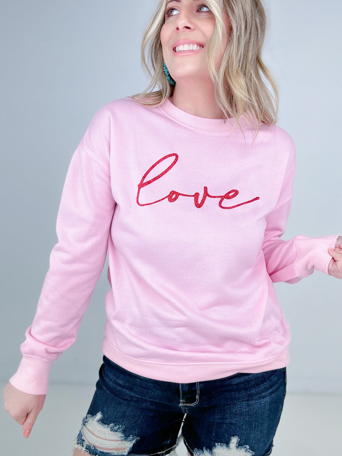 "L Is For Love" Love Glitter Print Crew Neck Sweatshirt