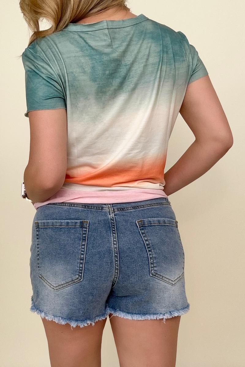 Floral Pocket Distressed Raw Hem Denim Shorts