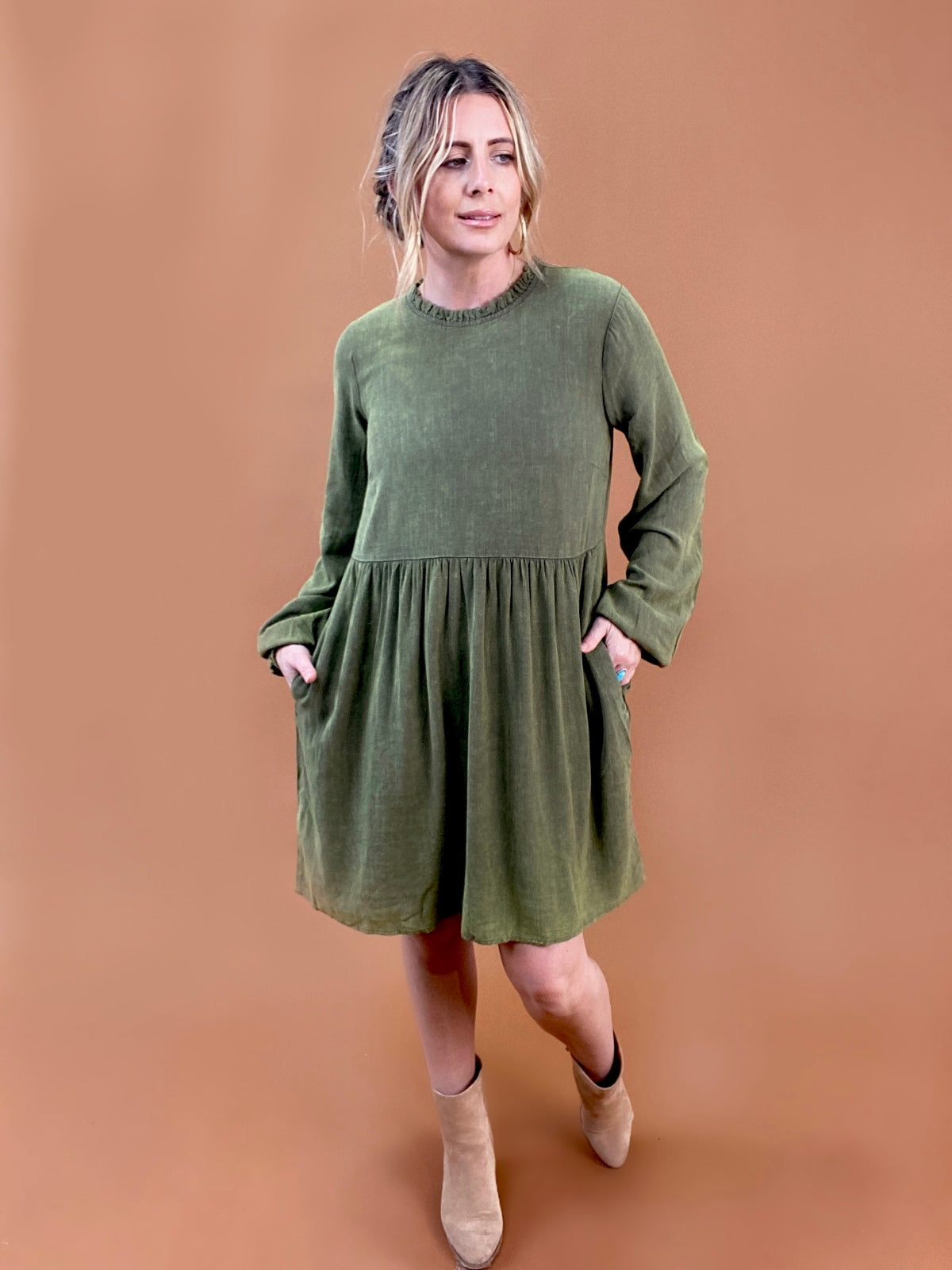 Washed Babydoll Dress - Green