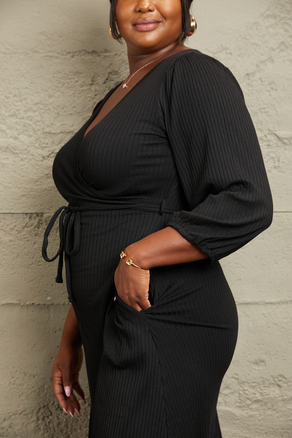 Classic Wide Ribbed Faux Wrap Dress