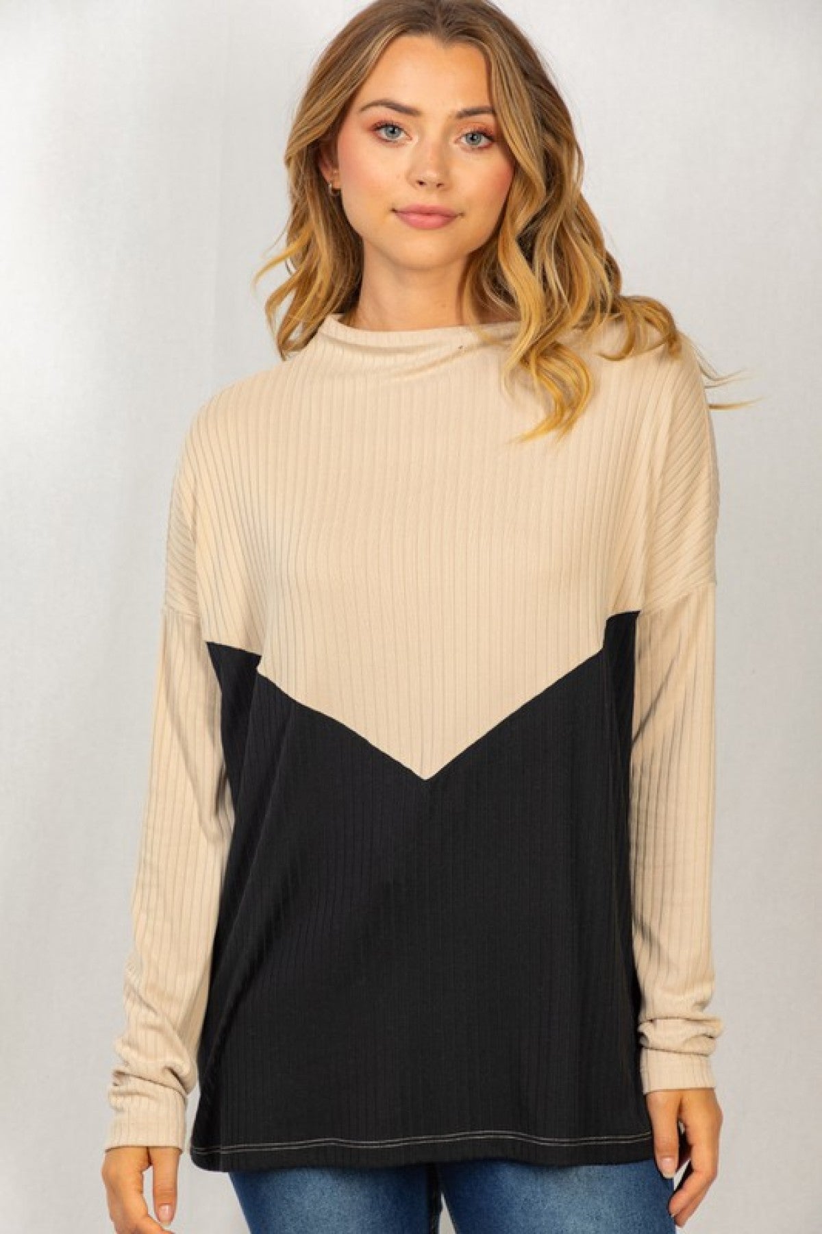 White Birch Colorblock Long Sleeve Solid Ribbed Knit Top