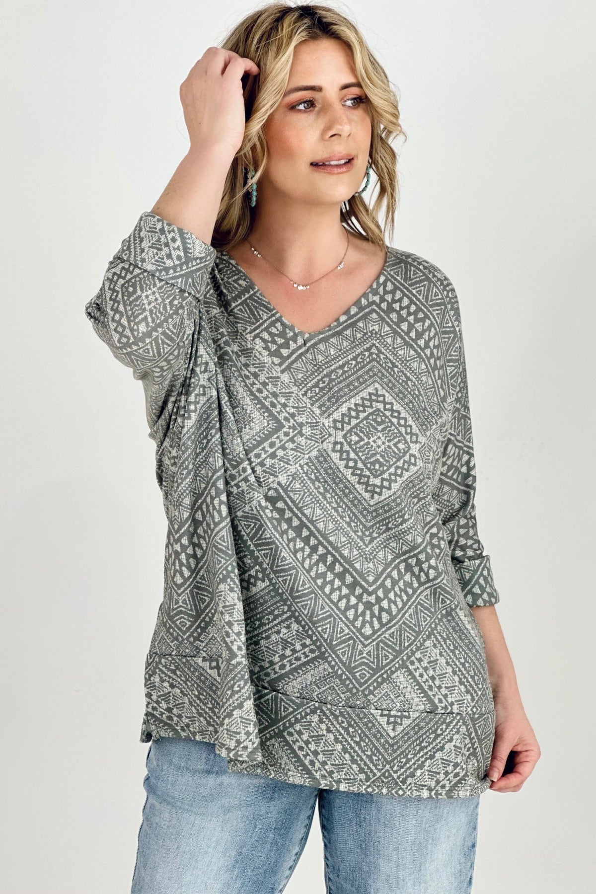 Aztec Print French Terry V Neck Top