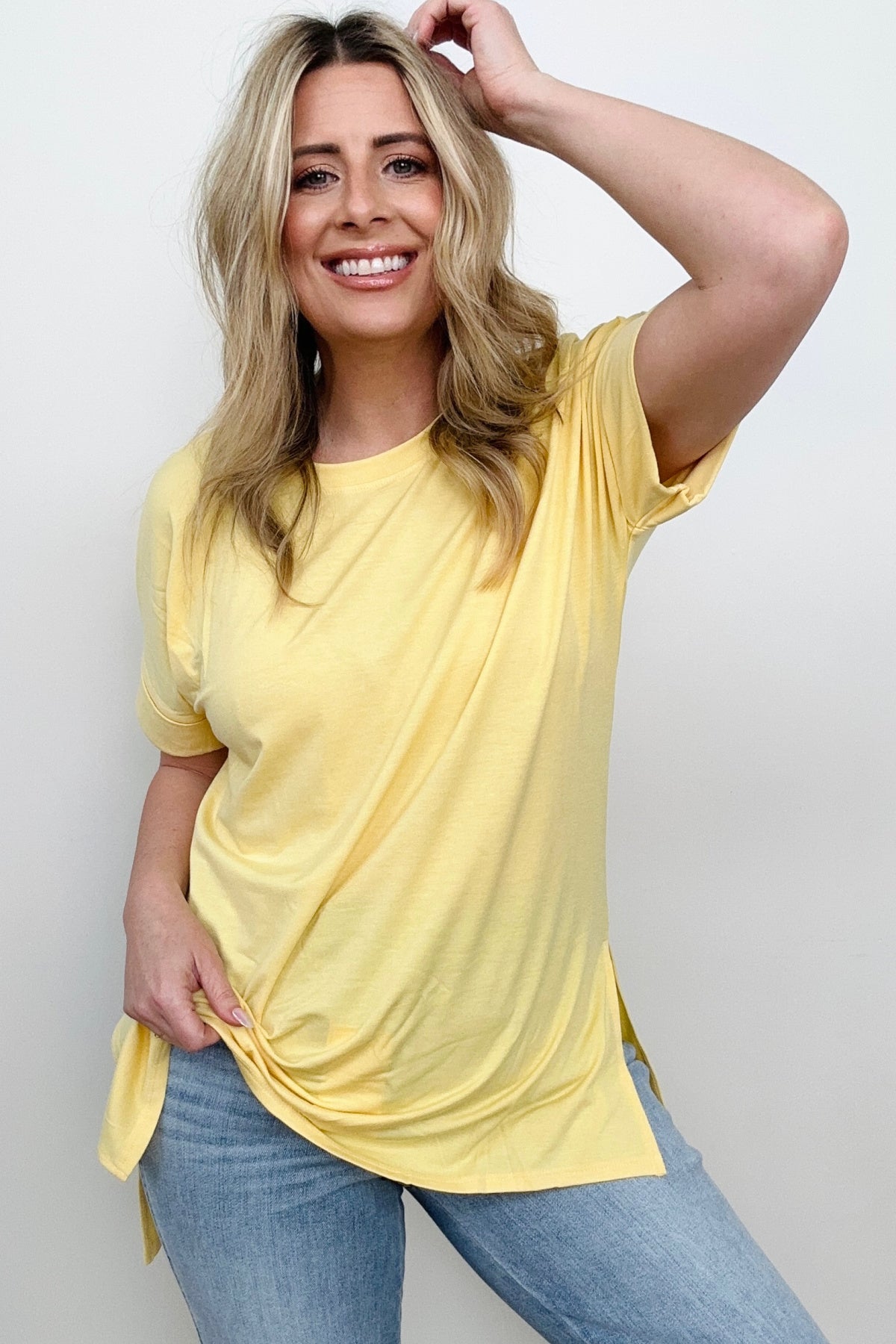 Cuffed Sleeve High-Low Hem Top