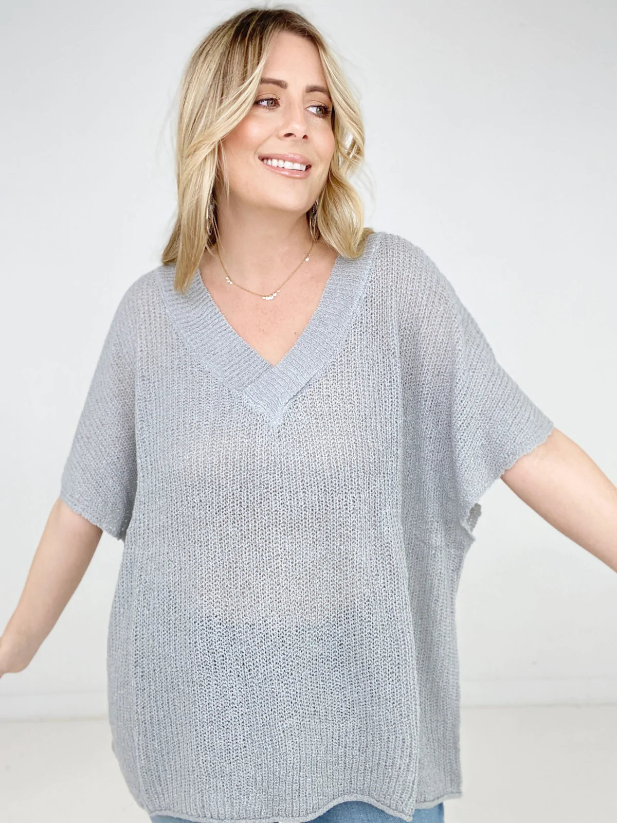 Oversized V-Neck Sheer Knit Top