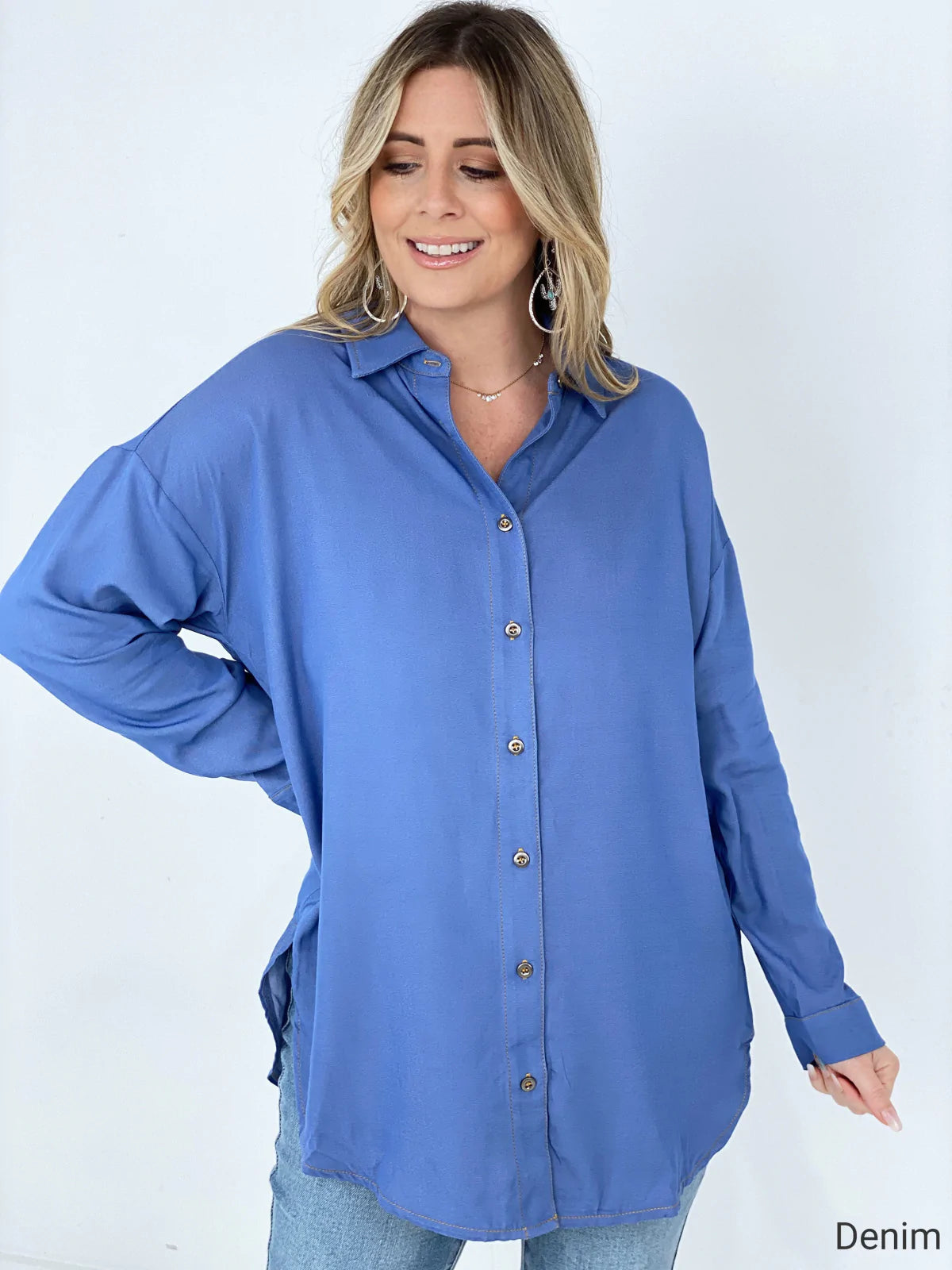 Solid Button Down Tunic Shirt
