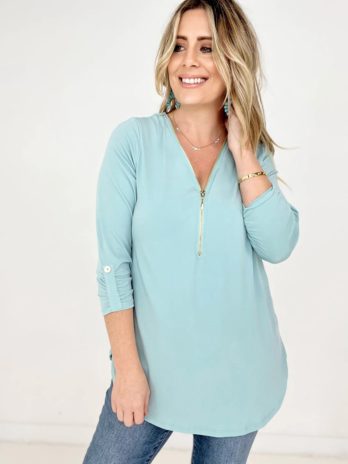 Front Zip-Up 3/4 Sleeve Top