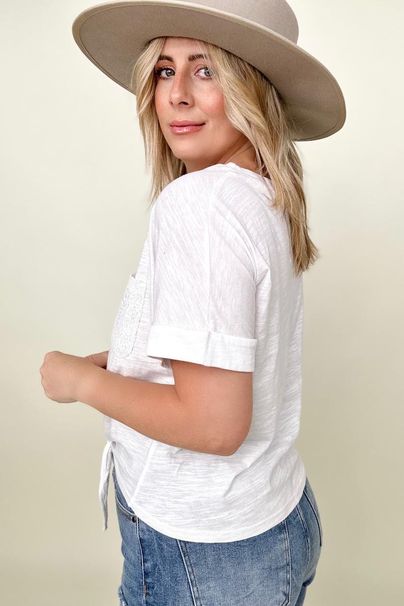 Cropped T-Shirt with Sequin Pocket and Tie Front