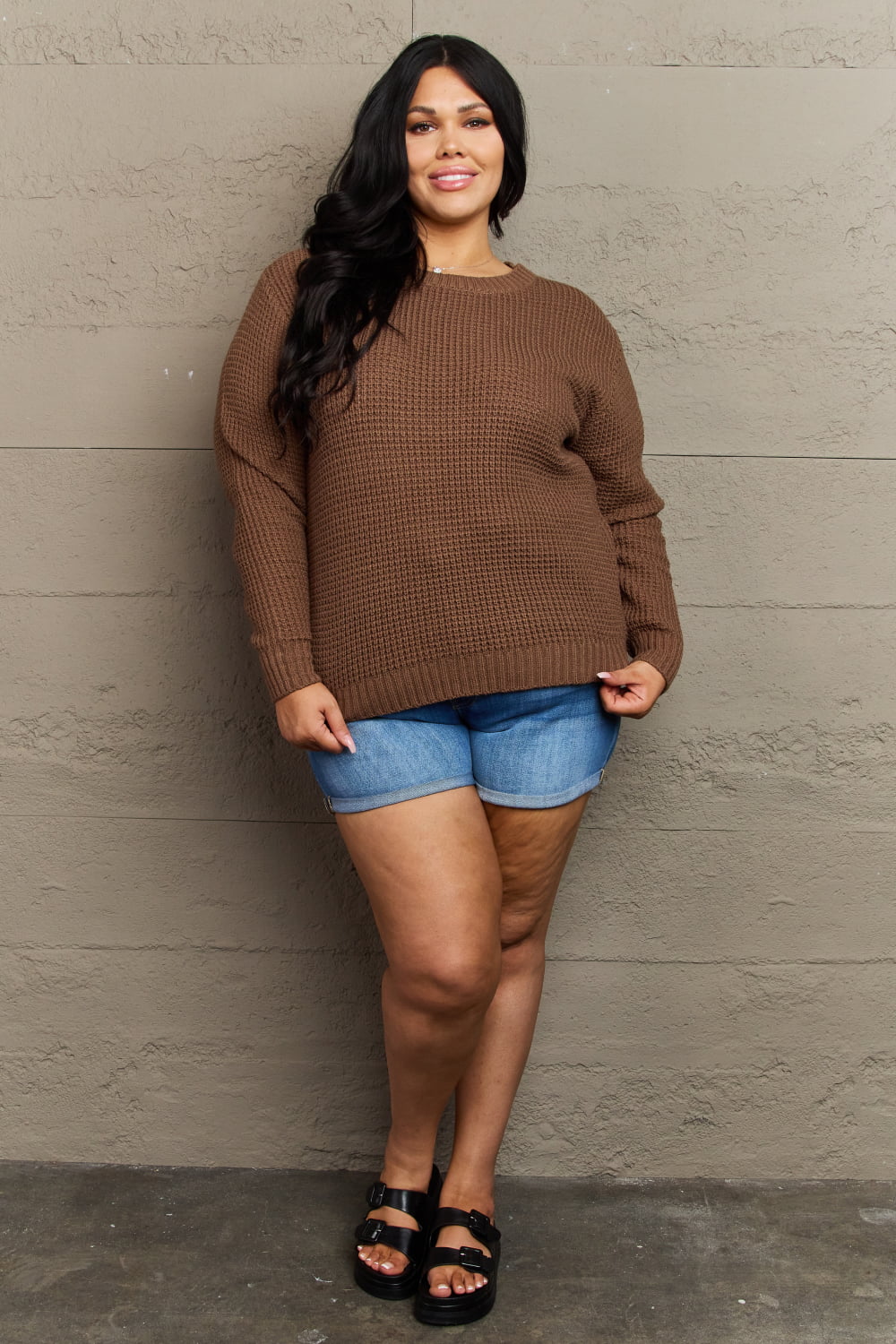 Plus Size - Breezy Days Waffle Knit Sweater in Chestnut