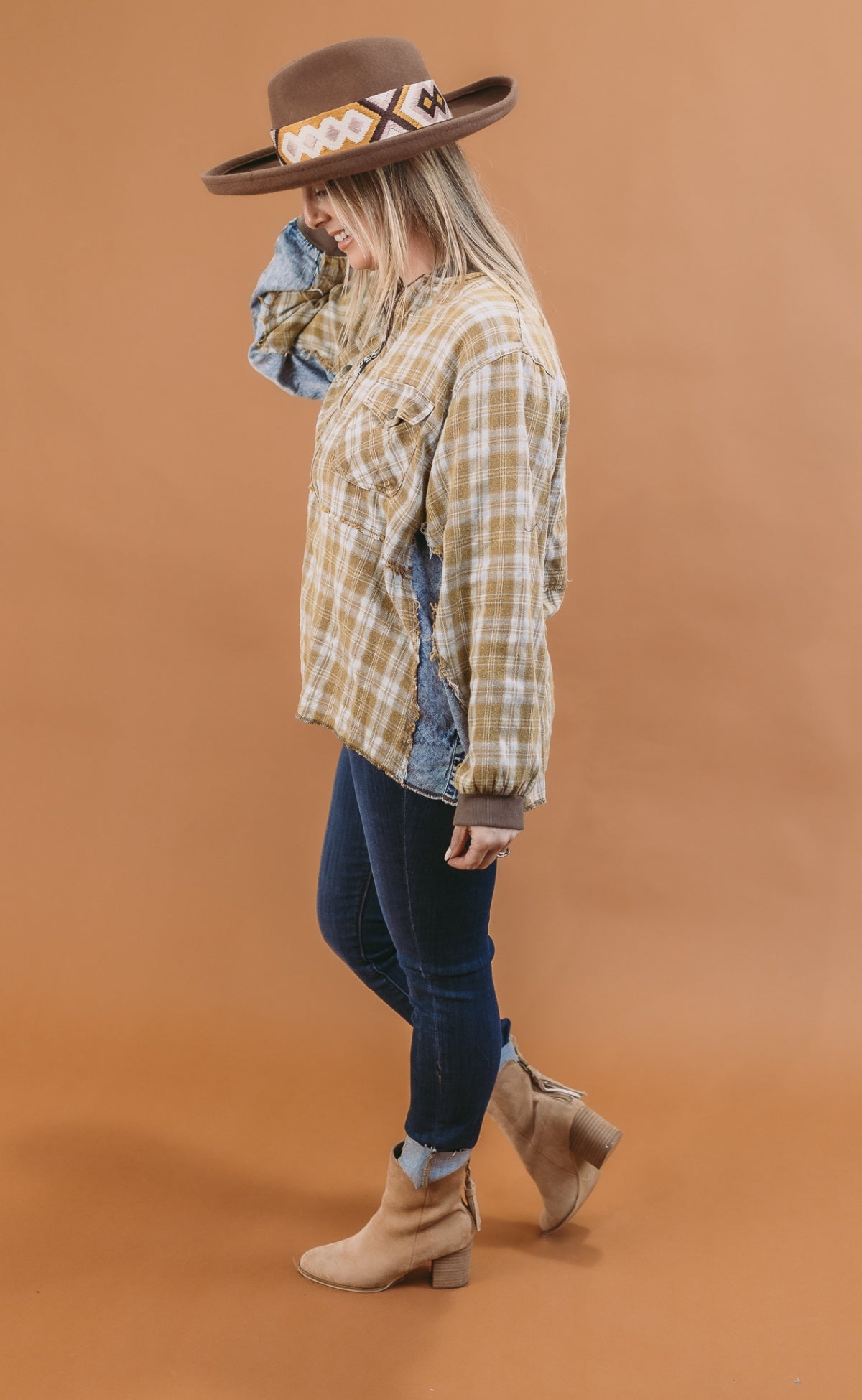 Comfy Half Zip Plaid Chambray Mixed Pullover