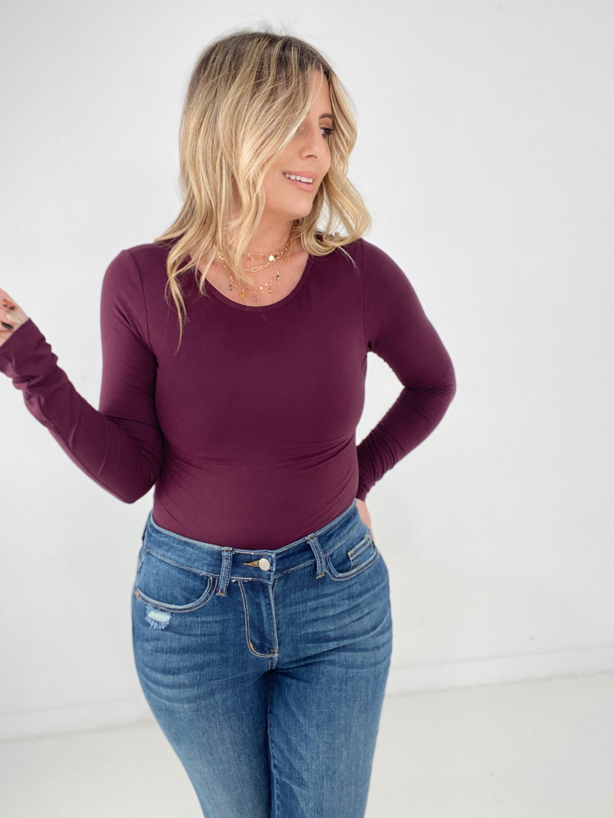 Rae Mode Solid Butter Round Neck Long Sleeve Bodysuit