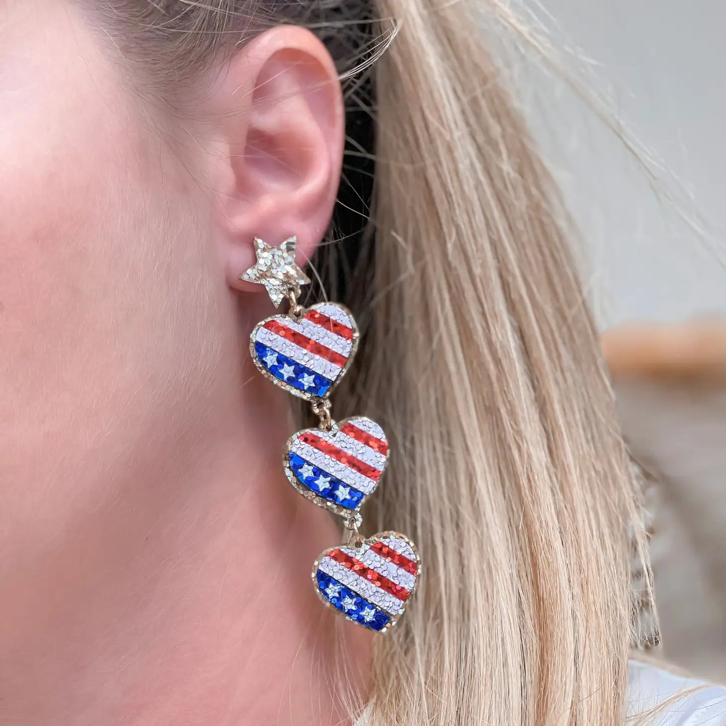 PREORDER: American Flag Heart Trio Dangle Earrings