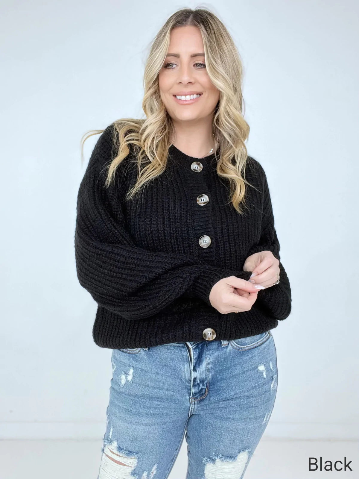 Solid Balloon Sleeve Button Front Cardigan