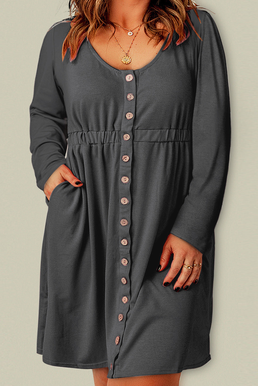 Plus Size Button Front Long Sleeve Dress - (Gray, Pink, Black and Green)