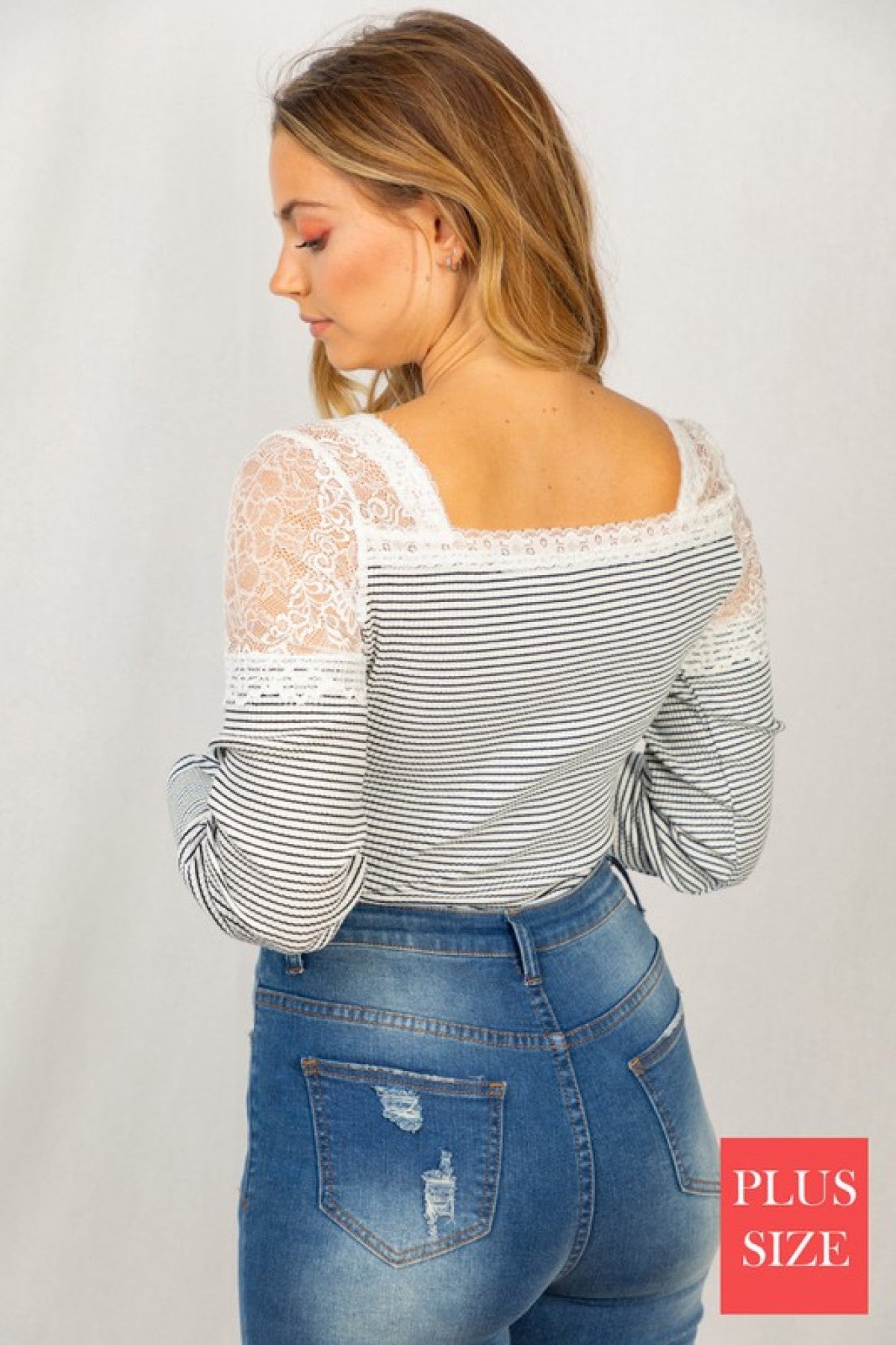 Long Sleeve Striped Bodysuit W/ Lace Trim
