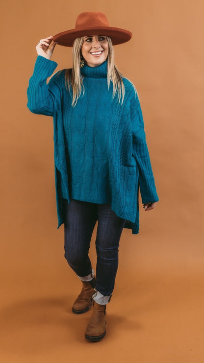 Solid Turtle Neck Cable Knit Hi-Low Sweater - Teal