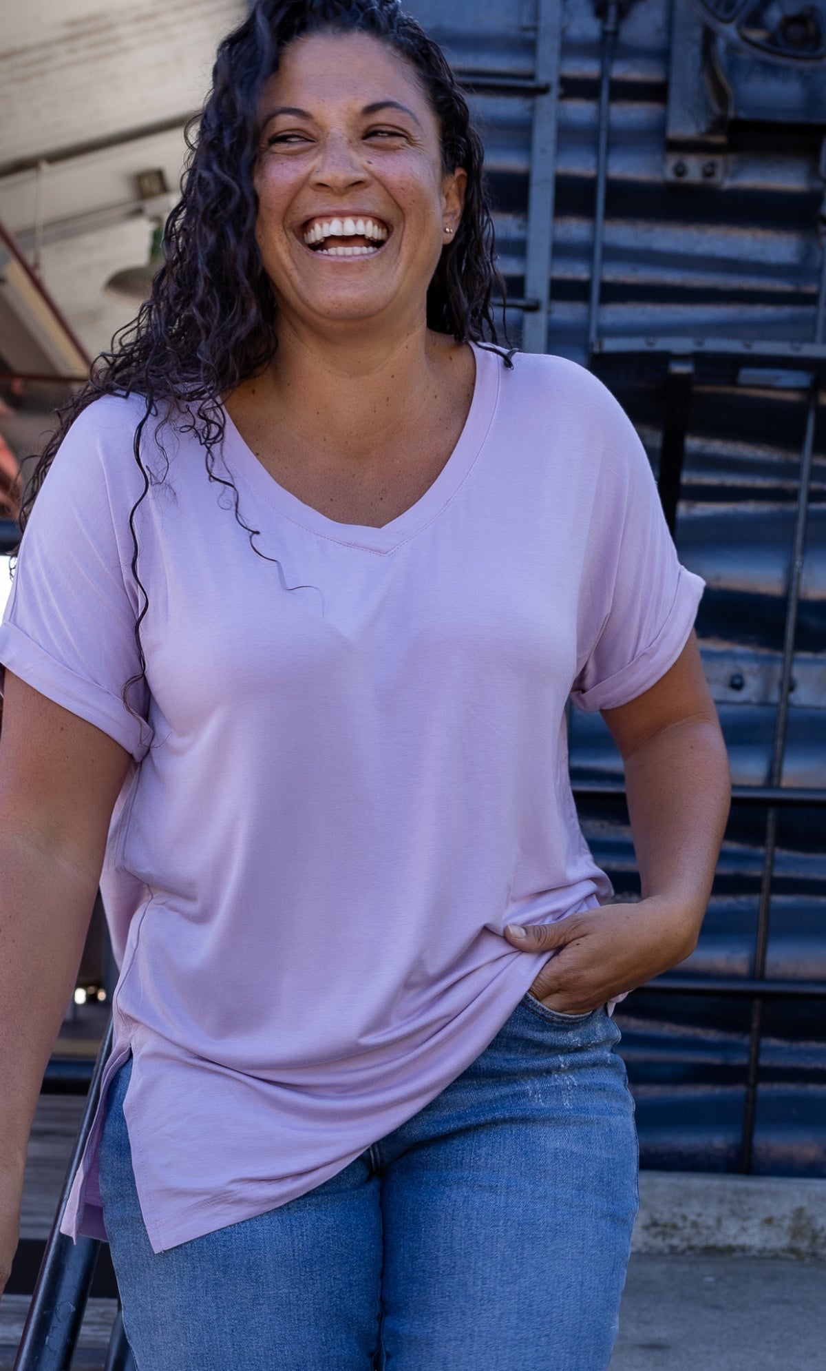 Rae Mode Solid V Neck Short Sleeve Top