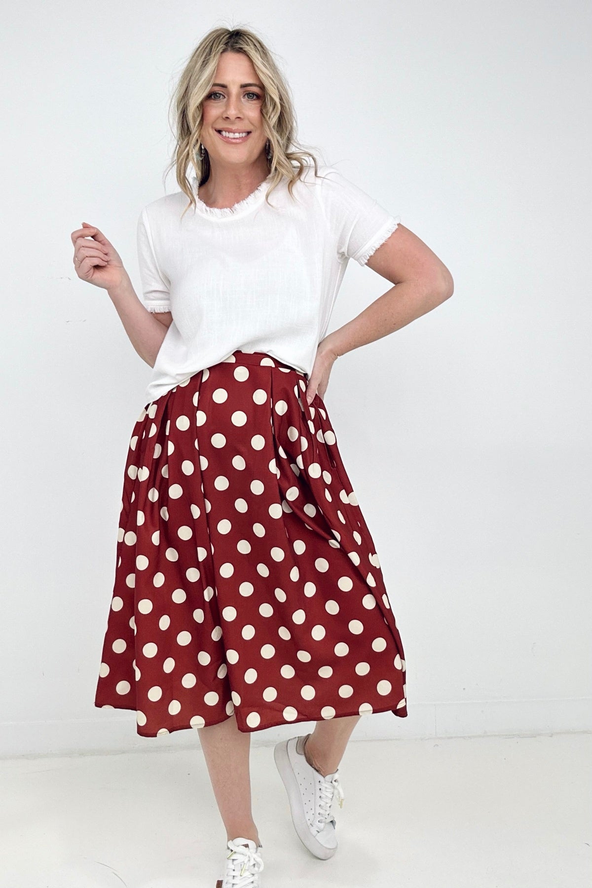 My Girl Polka Dot Pleated Midi Skirt