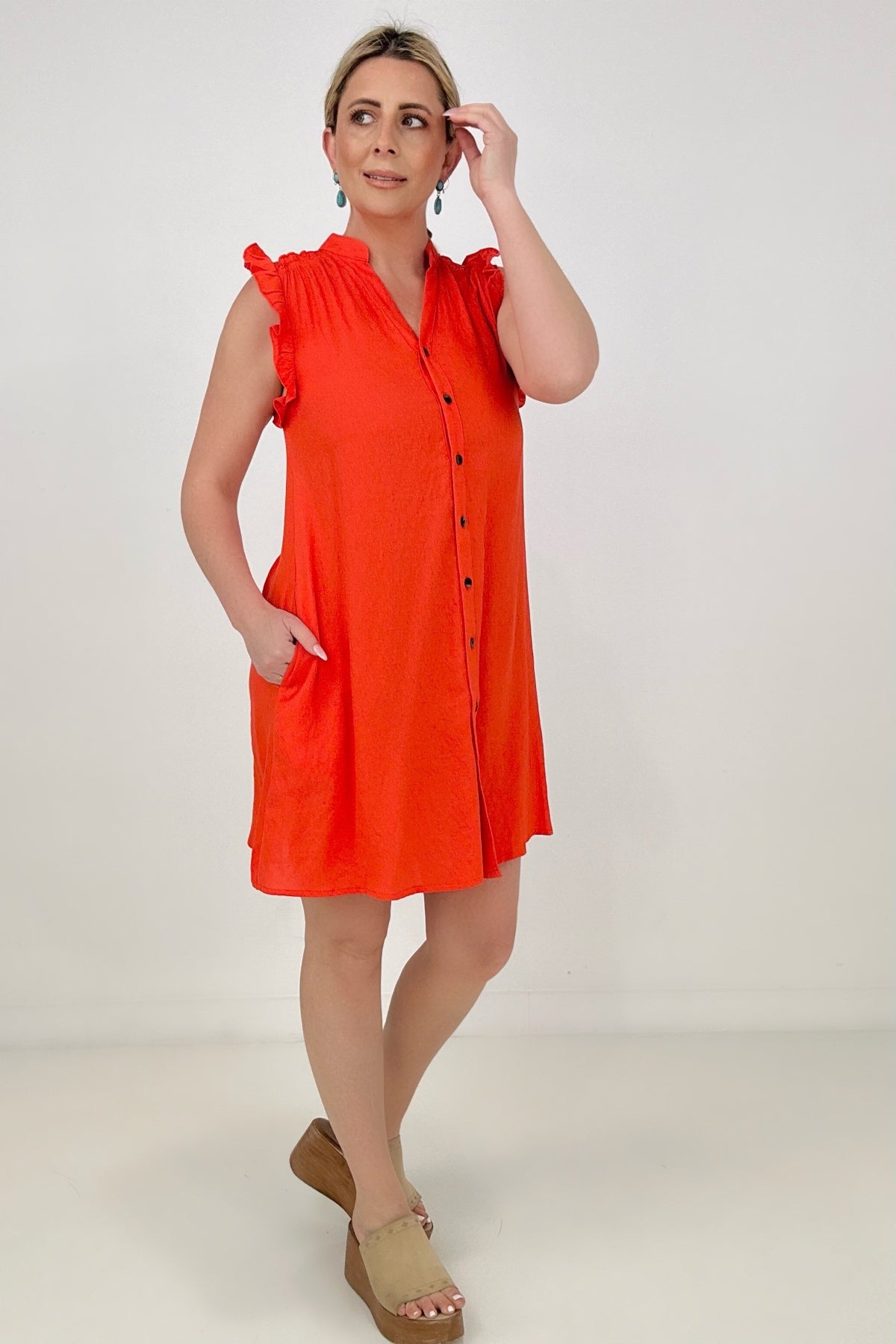 Button Down Mini Dress with Ruffle Sleeves