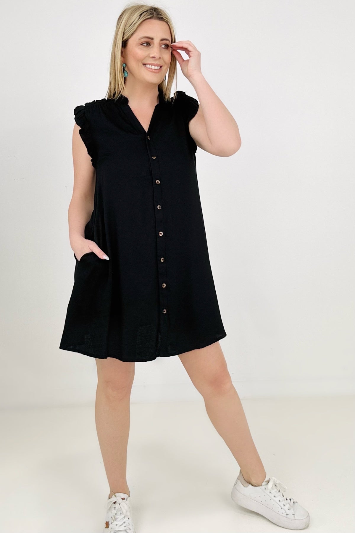 Button Down Mini Dress with Ruffle Sleeves