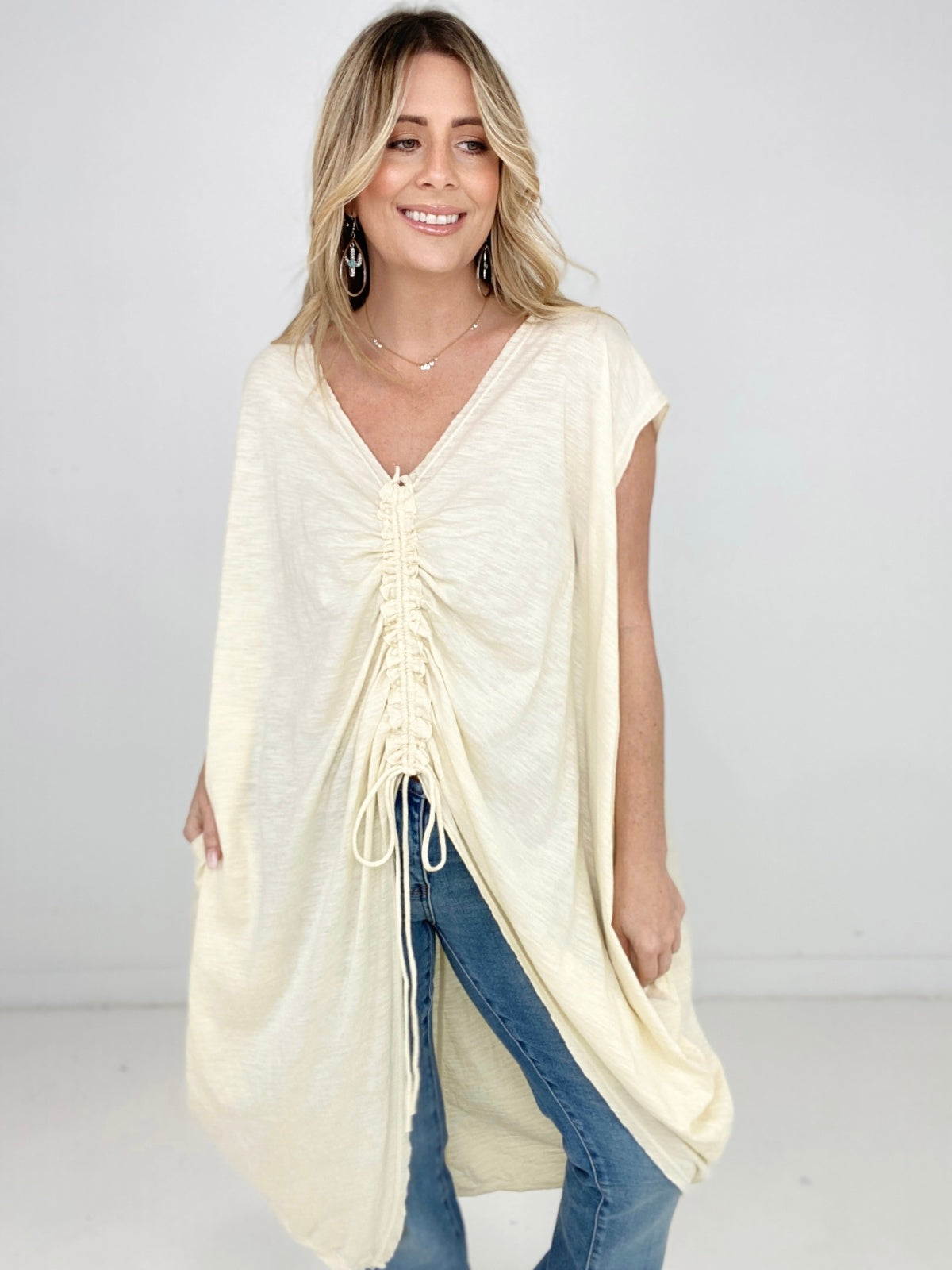Oli & Hali Mineral Washed Cinched Front Cocoon Sleeveless Long Top
