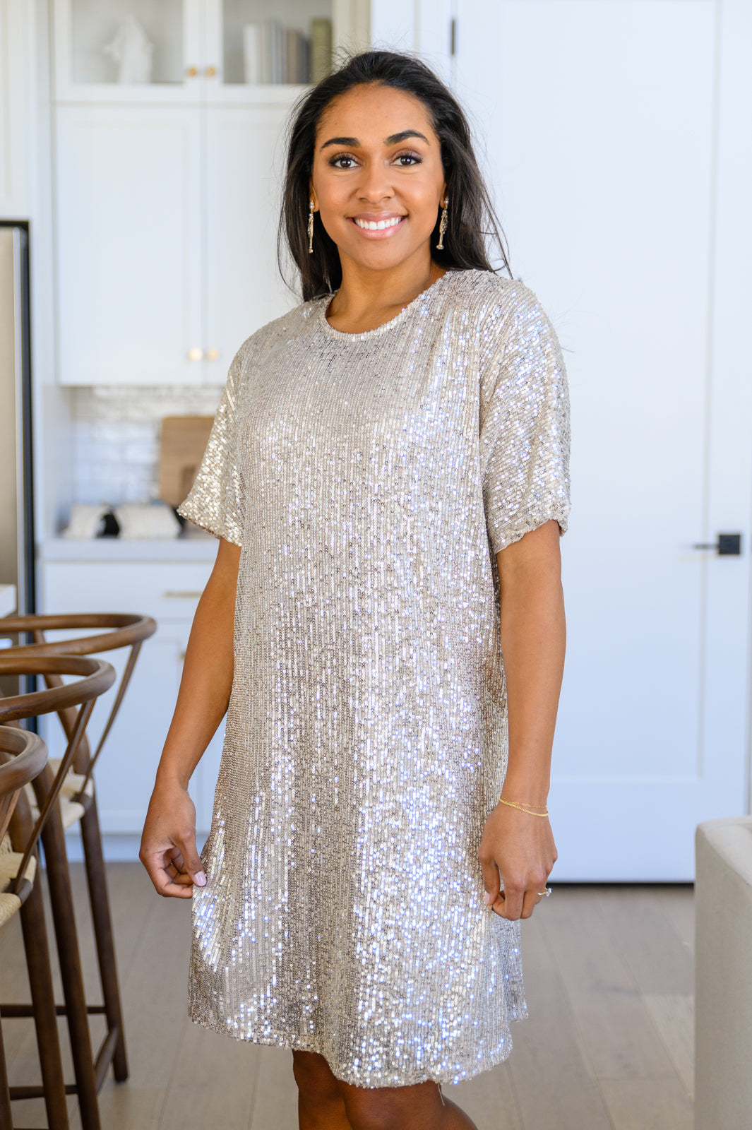 Alexandria Short Sleeve Sequin Dress In Taupe