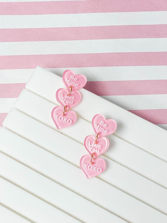 PREORDER: Conversation Hearts Acrylic Dangle Earrings in Pink