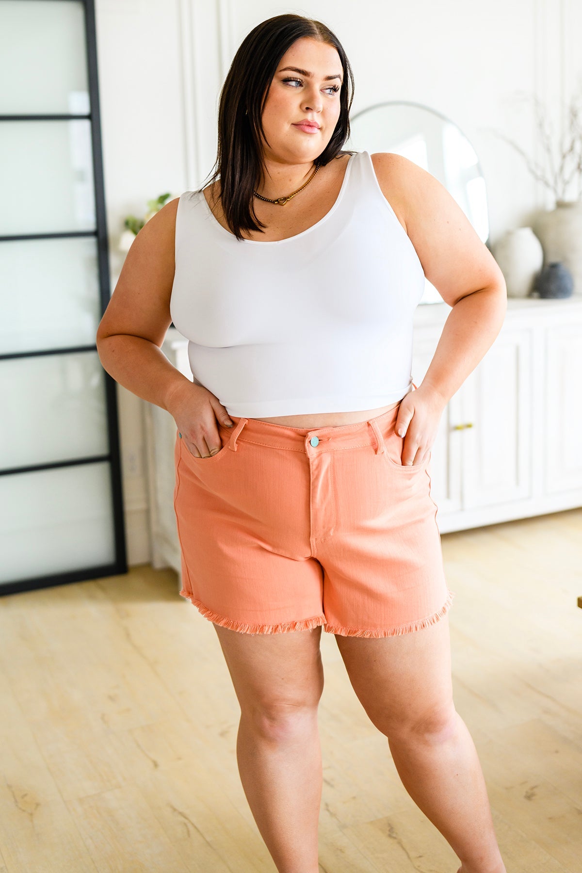 Judy Blue Mid Rise Cut Off Shorts - Peach