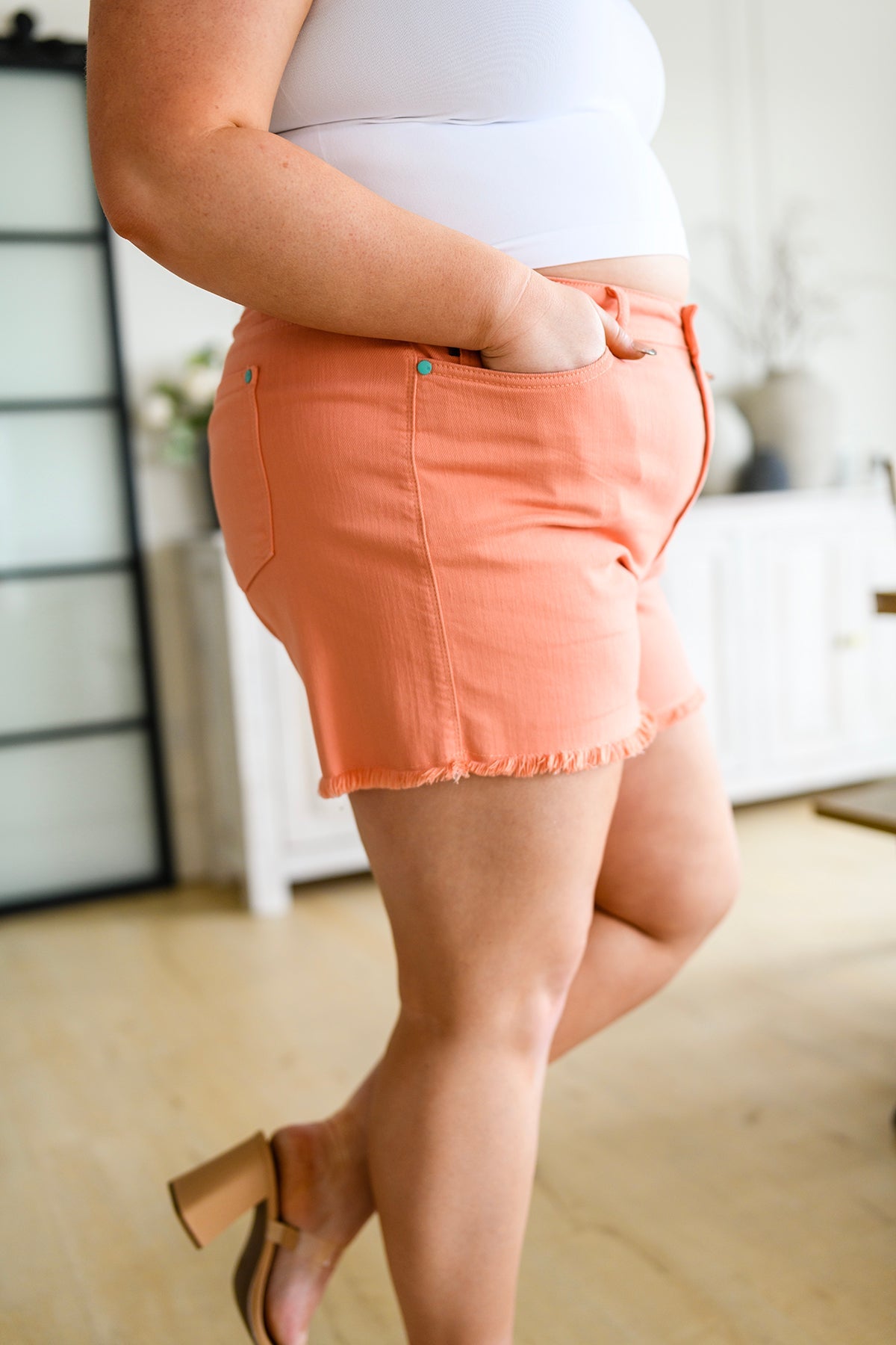 Judy Blue Mid Rise Cut Off Shorts - Peach