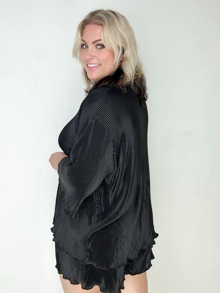 Pleated Button Down Top And Shorts Set in Black