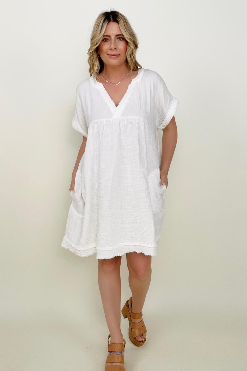 Gauzy Raw Edge V-Neck Dress - Multiple Colors
