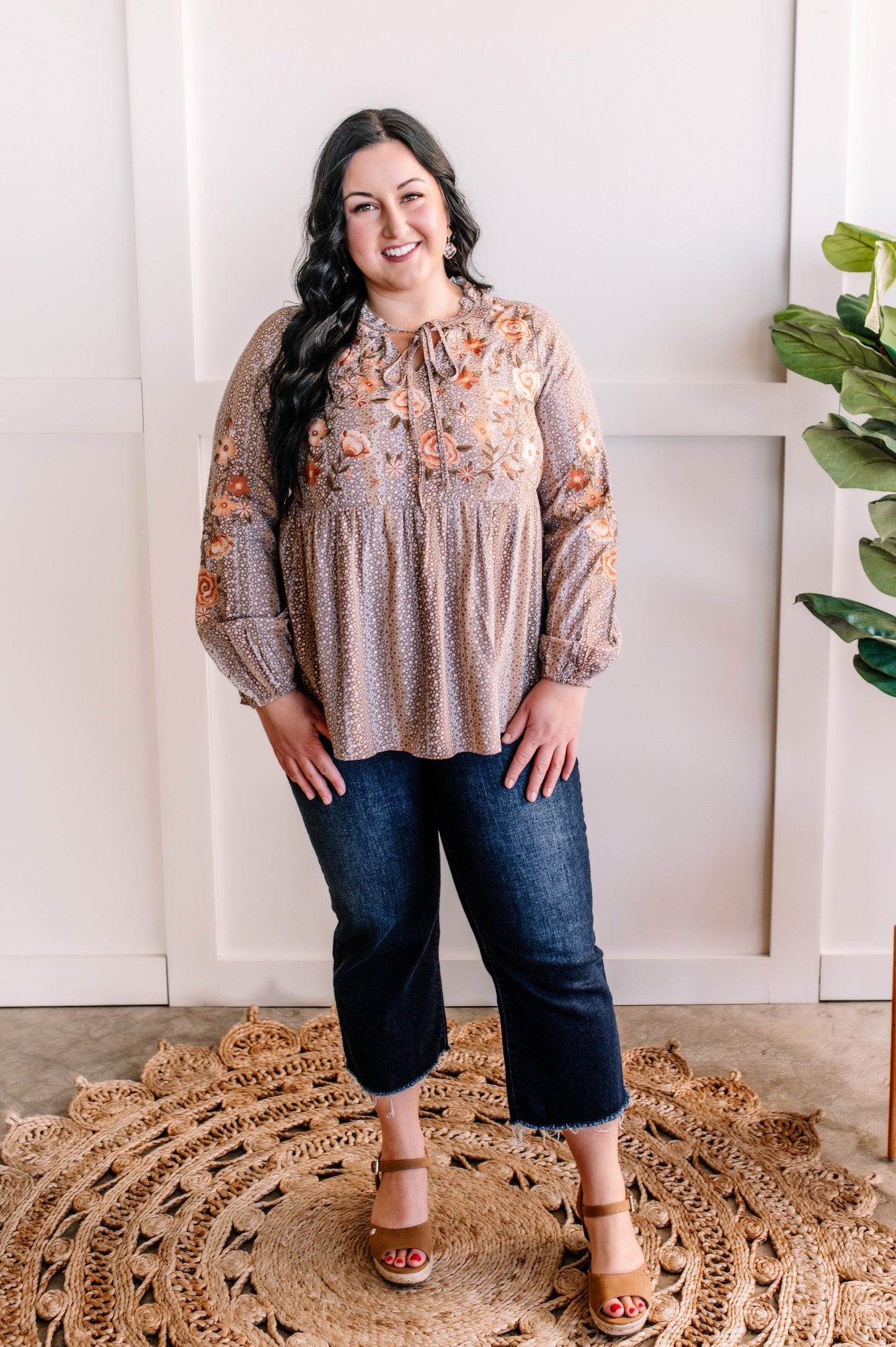 Savanna Jane Embroidered Blouse In Mocha Florals