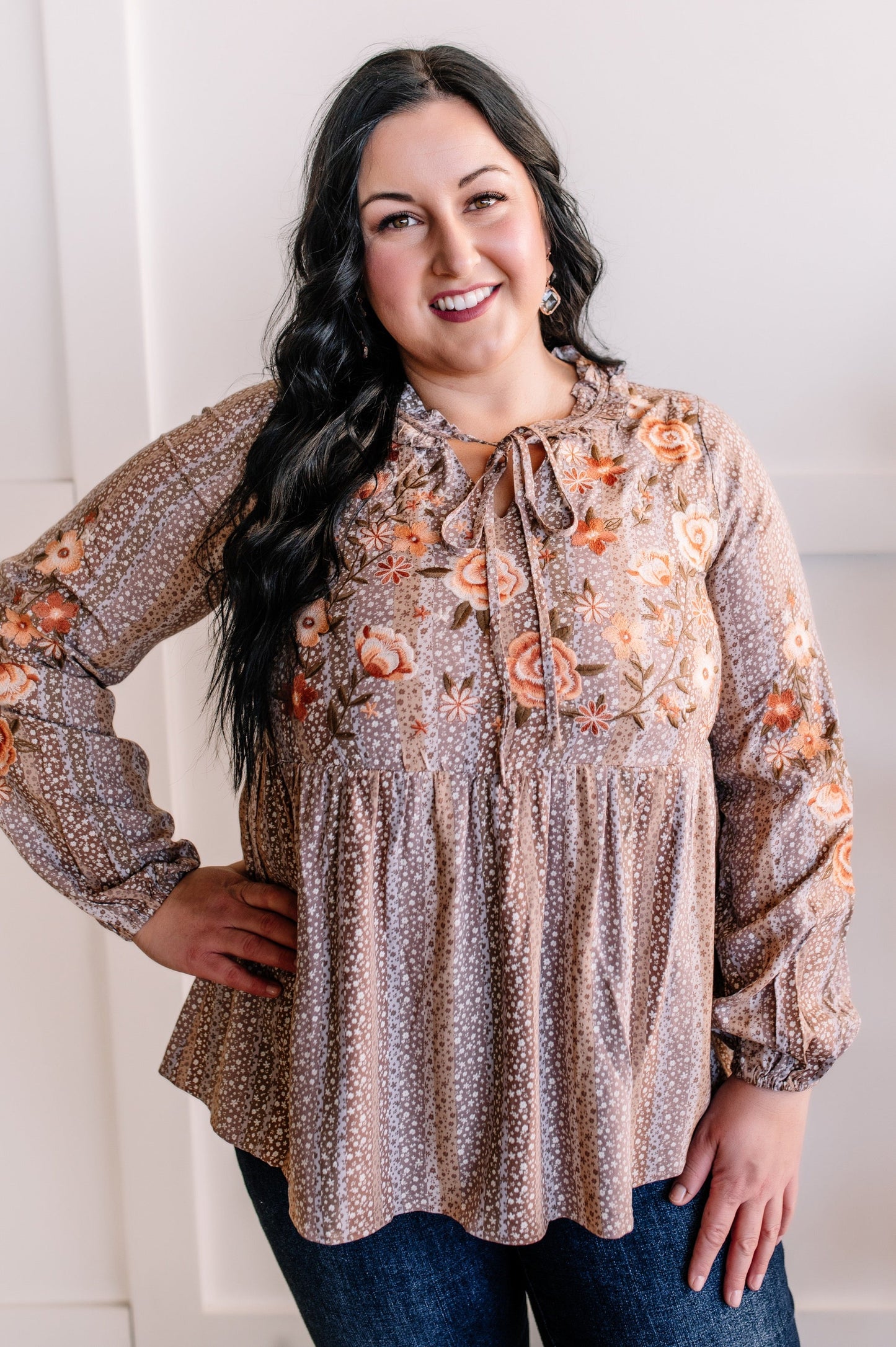 Savanna Jane Embroidered Blouse In Mocha Florals