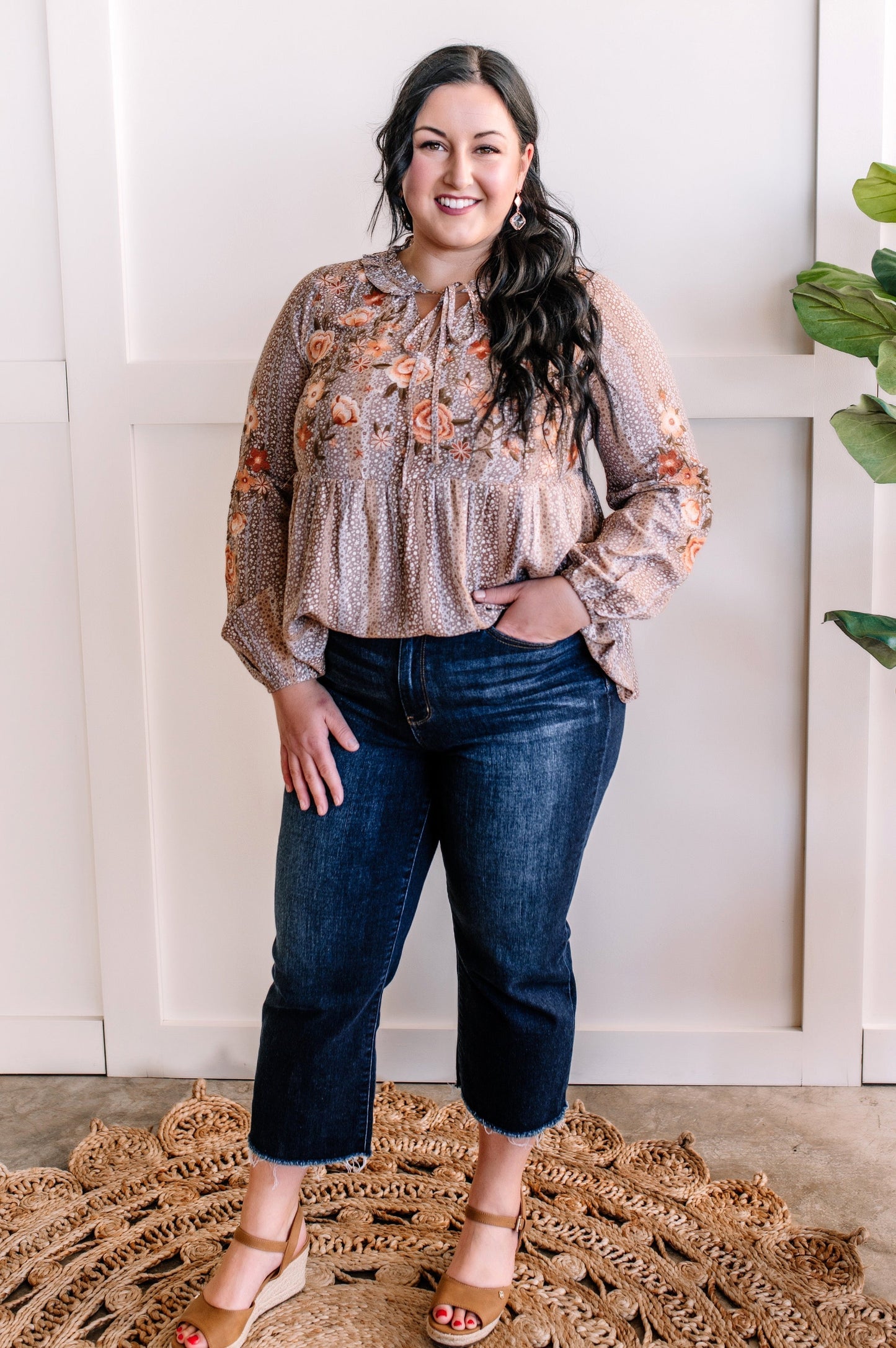 Savanna Jane Embroidered Blouse In Mocha Florals