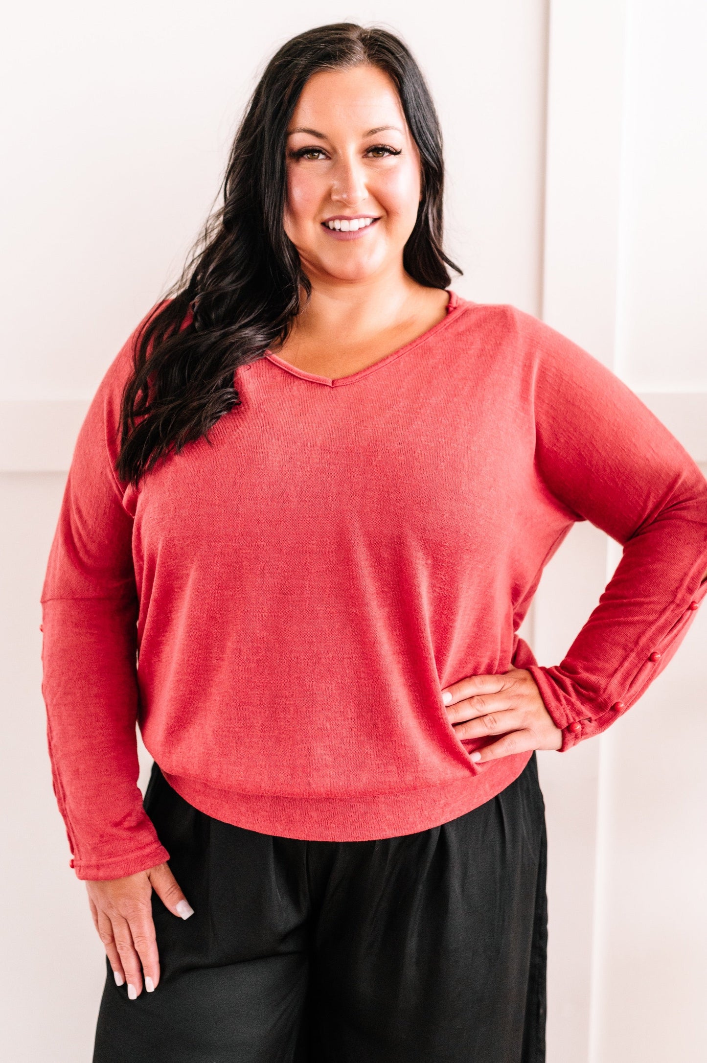 Double Layered Long Sleeve Top With Button Detail In Sweetheart