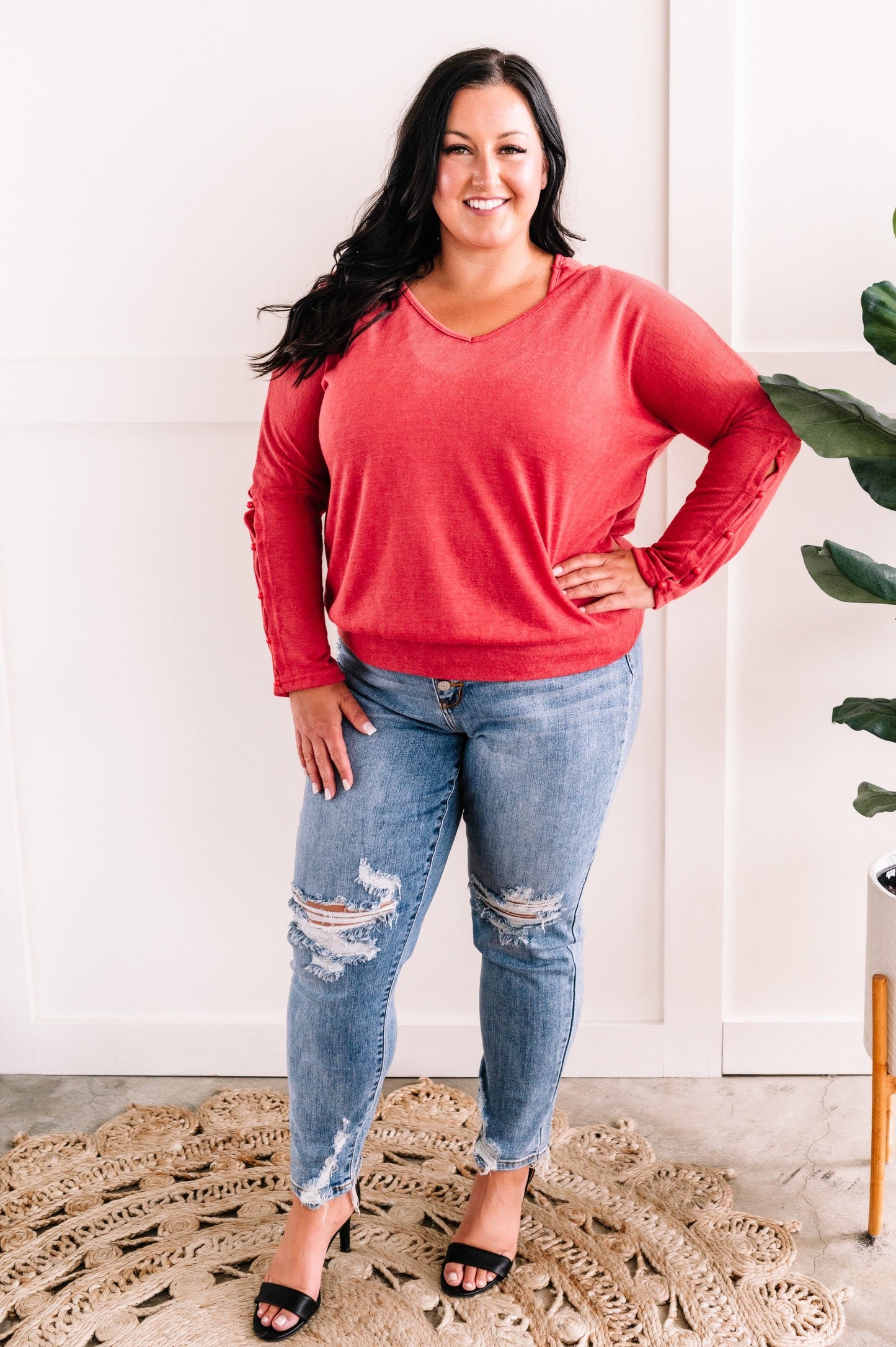 Double Layered Long Sleeve Top With Button Detail In Sweetheart