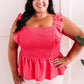 Smocked Sleeveless Top With Ruffle Detail In Watermelon