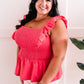 Smocked Sleeveless Top With Ruffle Detail In Watermelon