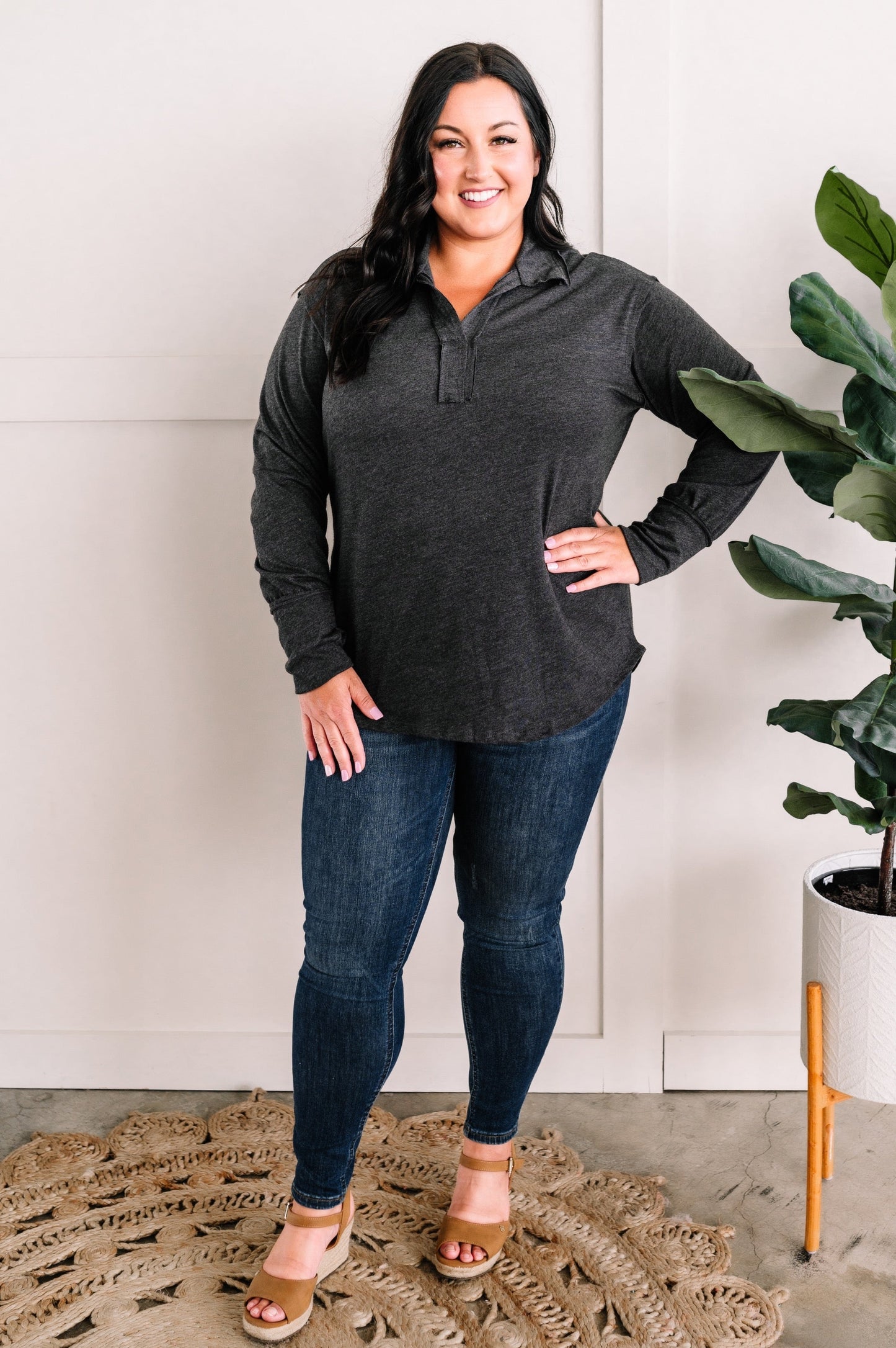 Collared Long Sleeve Top With Thumb Holes In Charcoal