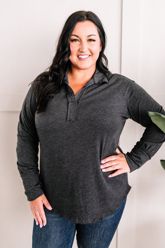 Collared Long Sleeve Top With Thumb Holes In Charcoal