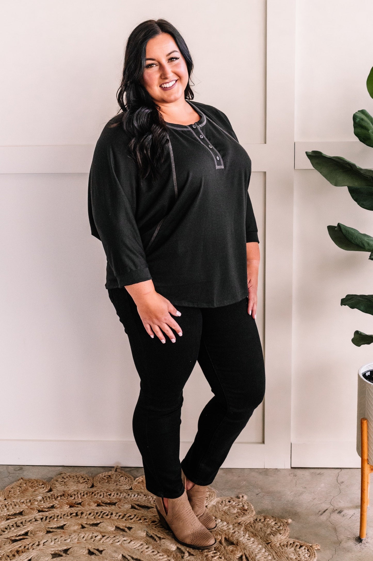 Dolman Sleeve Button Henley Top in Deep Montana Midnight 11.20