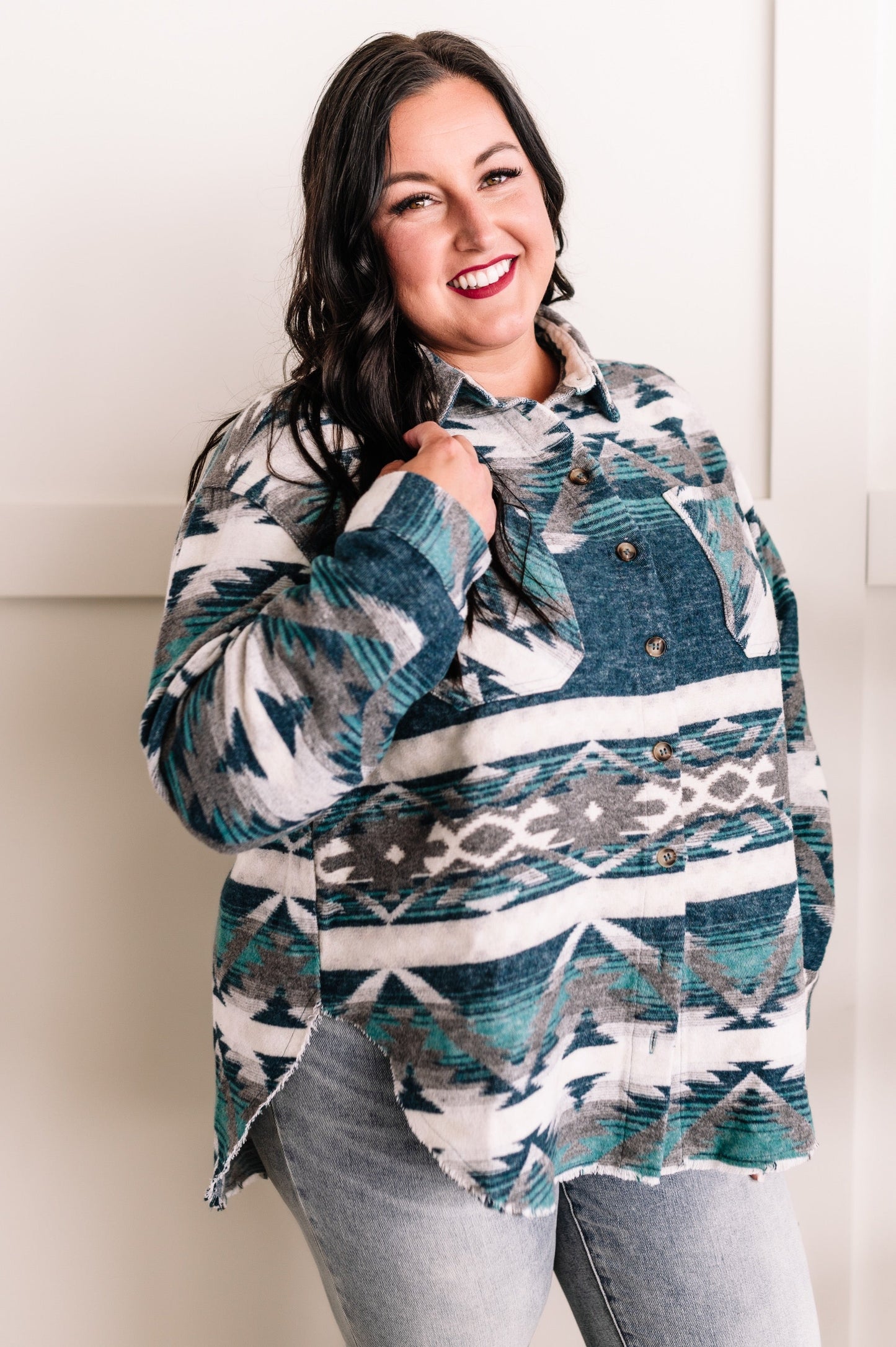 Teal Aztec Print Button Down Shacket 11.24