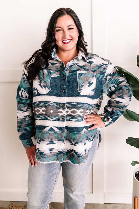 Teal Aztec Print Button Down Shacket 11.24