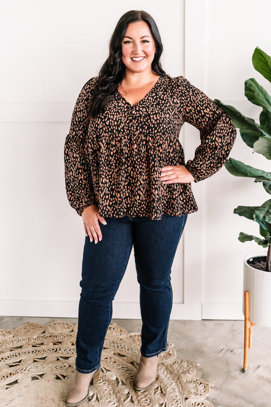 Animal Print Button Blouse In Black & Taupe