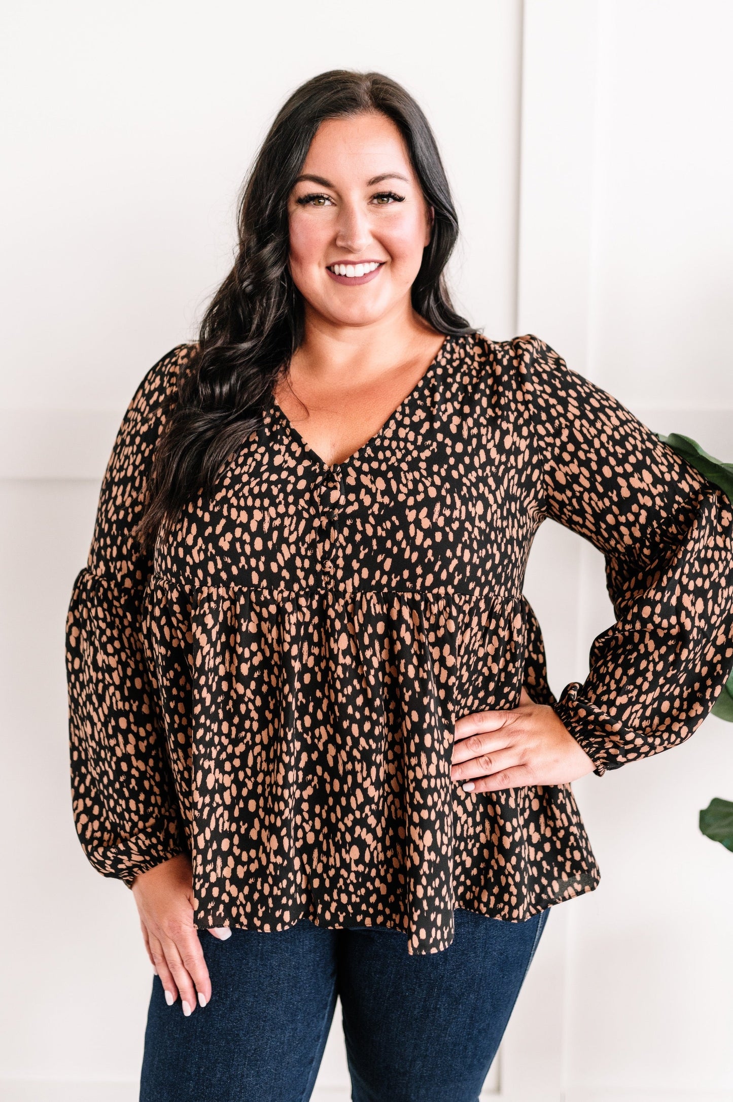 Animal Print Button Blouse In Black & Taupe