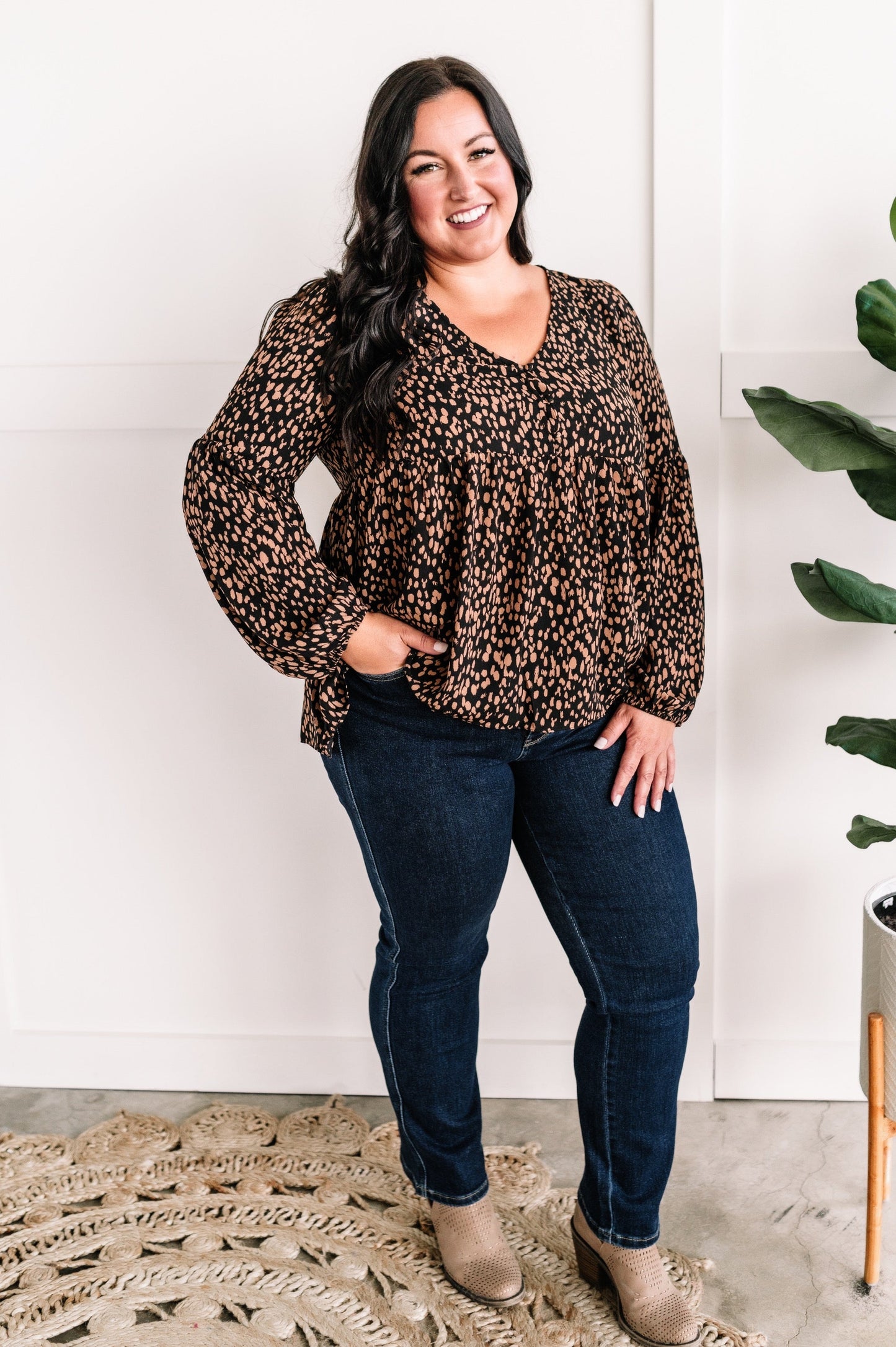 Animal Print Button Blouse In Black & Taupe