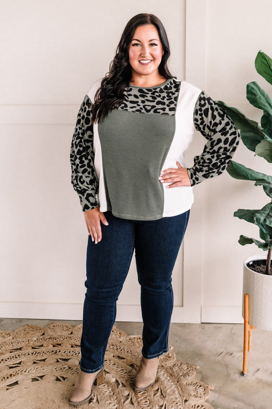 Color Block Long Sleeve Top In Sage & Leopard