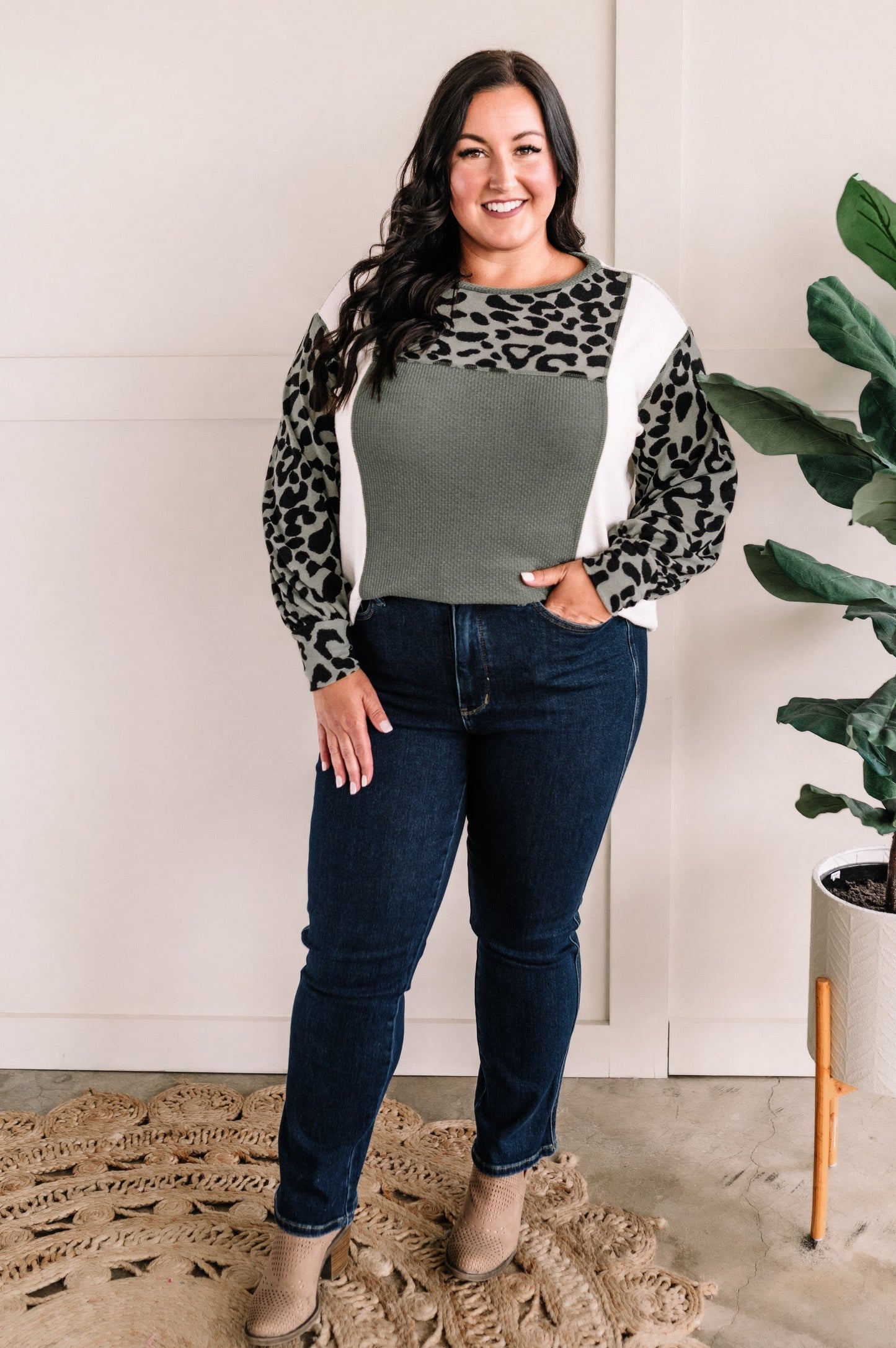 Color Block Long Sleeve Top In Sage & Leopard