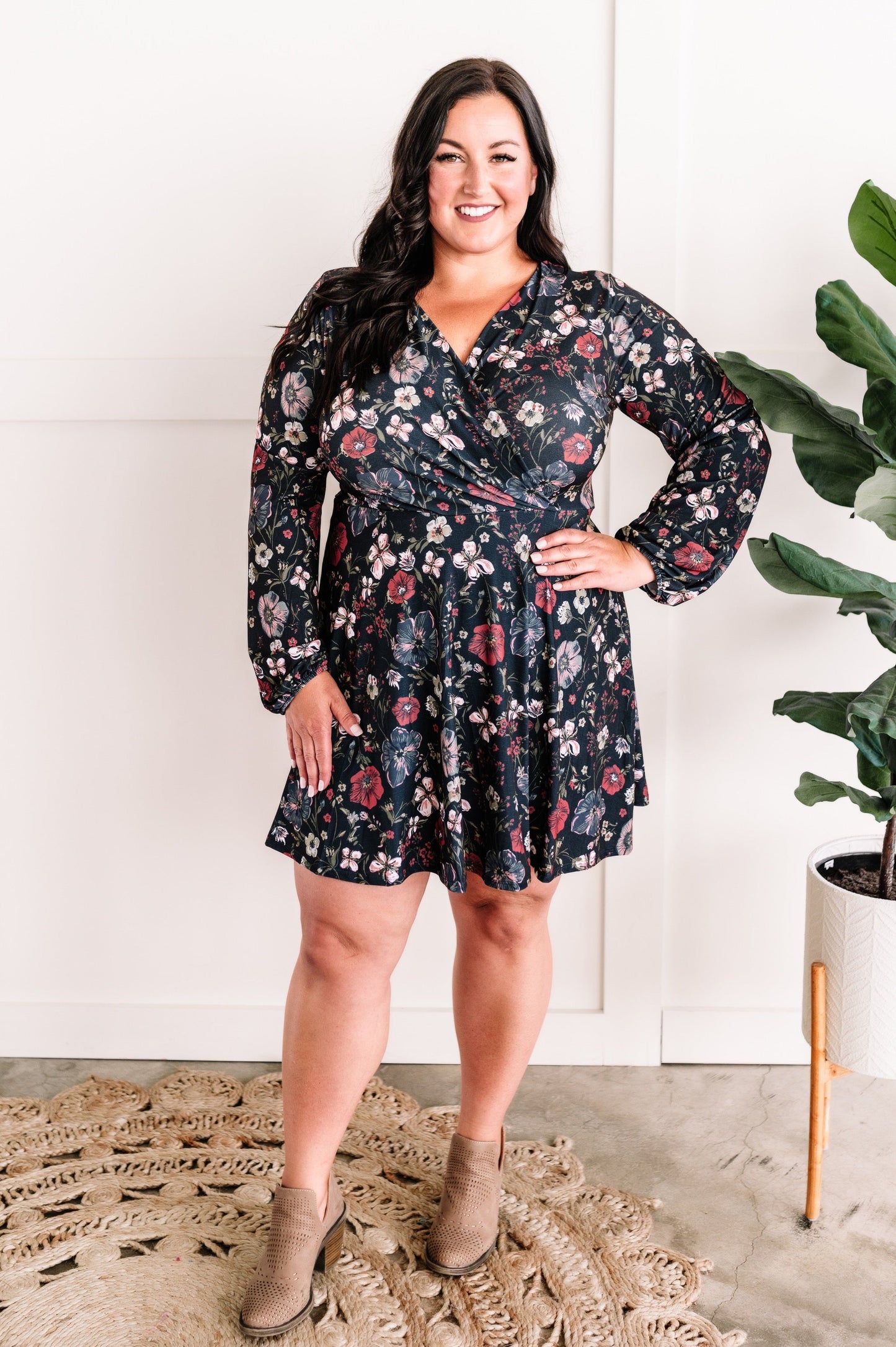 Long Sleeve Surplice Dress With Attached Shorts In Navy Florals 11.20