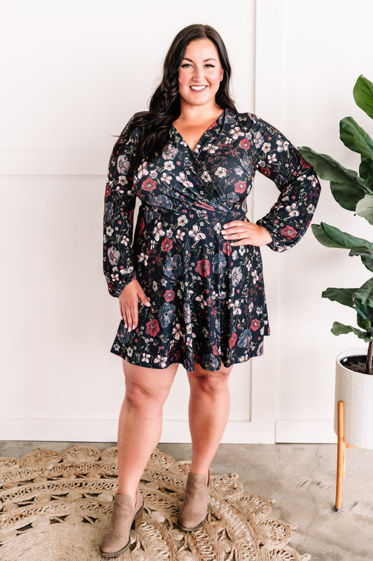 Long Sleeve Surplice Dress With Attached Shorts In Navy Florals 11.20