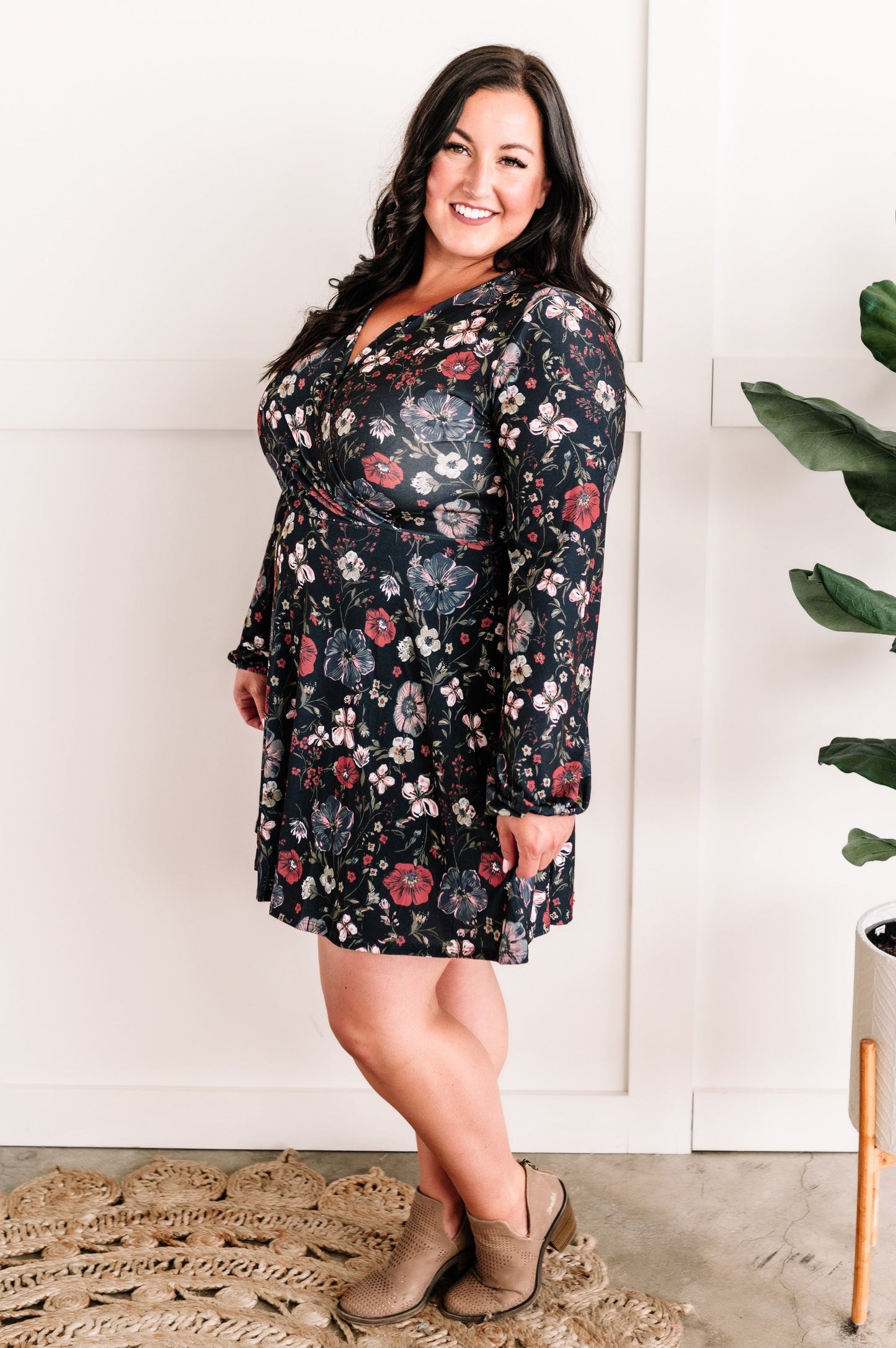 Long Sleeve Surplice Dress With Attached Shorts In Navy Florals 11.20